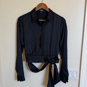 Express Portofino Black Long-Sleeve Wrap Tie Crop Blouse, size small. NWOT